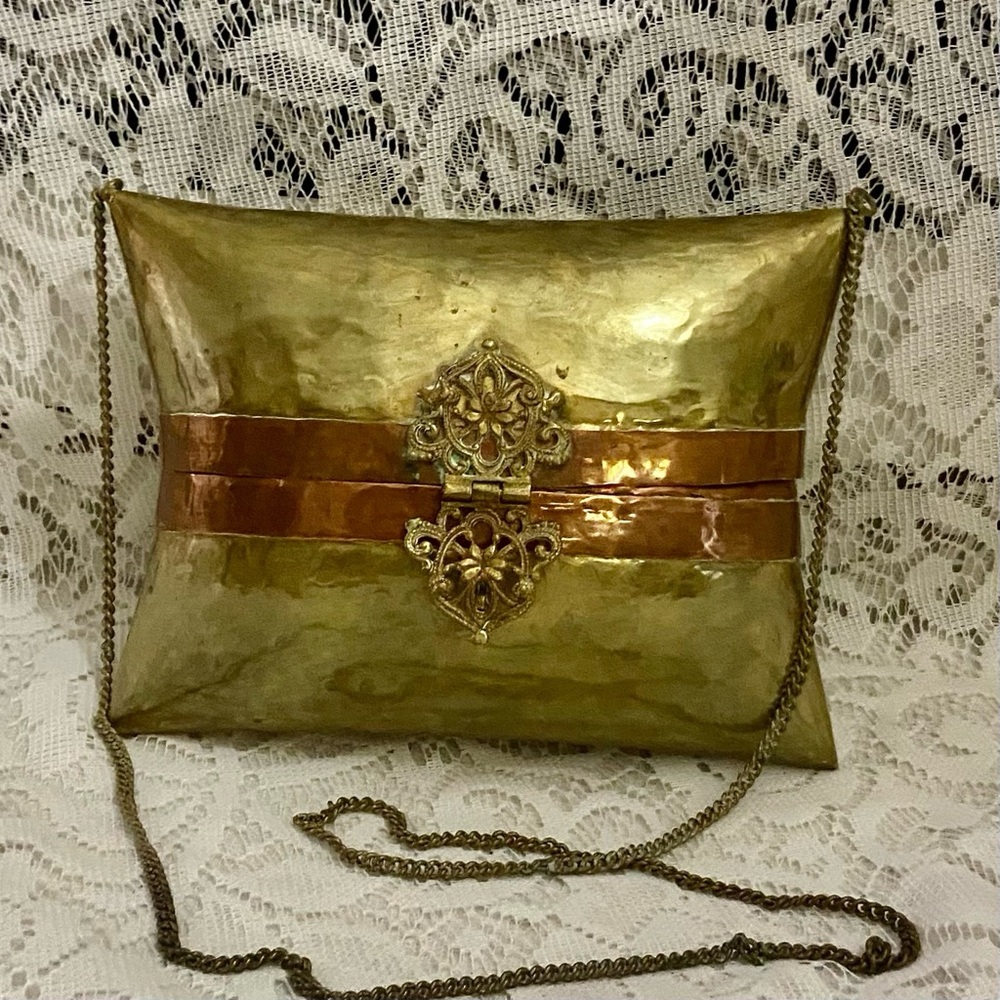 Antique-Art Deco Brass-Copper Large Pillow Purse-Shoulder Bag 8in x 5.5in x 2in